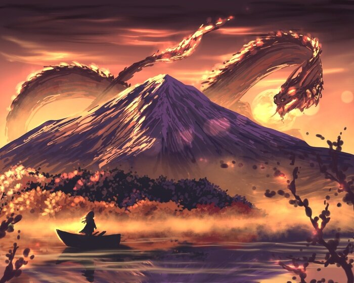 Poster Een personage dat met vlammende ogen naar een draak kijkt