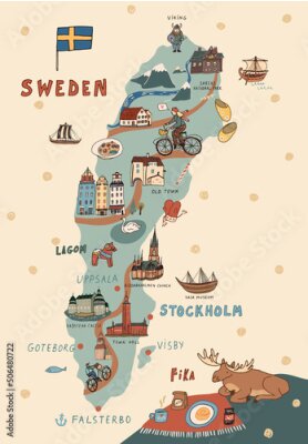 Poster Een picturale kaart van Zweden