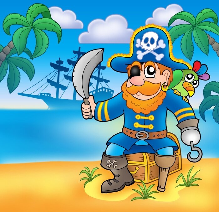 Poster Een piraat in een blauwe outfit met een papegaai op zijn schouder