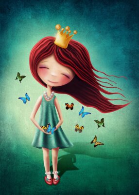 Een prinses die twee vlinders vasthoudt