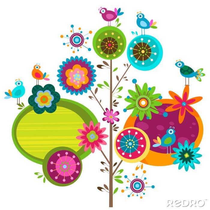 Poster Een regenboogbloem omringd door kleurrijke vogels