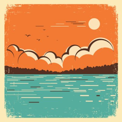 Poster Een retro landschap met een meer als centraal element.