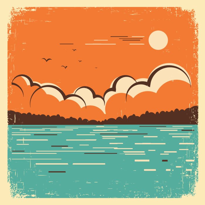 Poster Een retro landschap met een meer als centraal element.