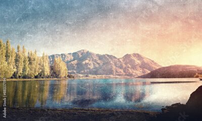 Poster Een retro landschap met een meer tussen de bergen.