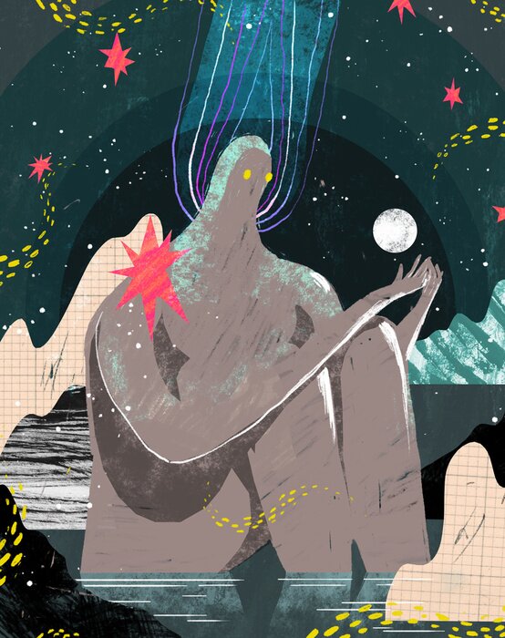 Poster Een reus die de maan vasthoudt