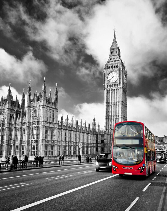 Poster Een rode bus voor de Big Ben in Londen.