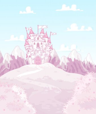 Een roze kasteel in roze bergen