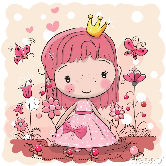 Poster Een roze prinses met een kleine gouden kroon