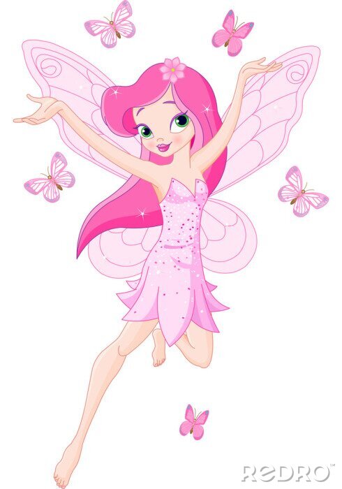 Poster Een rozeharige gevleugelde fee omringd door vlinders