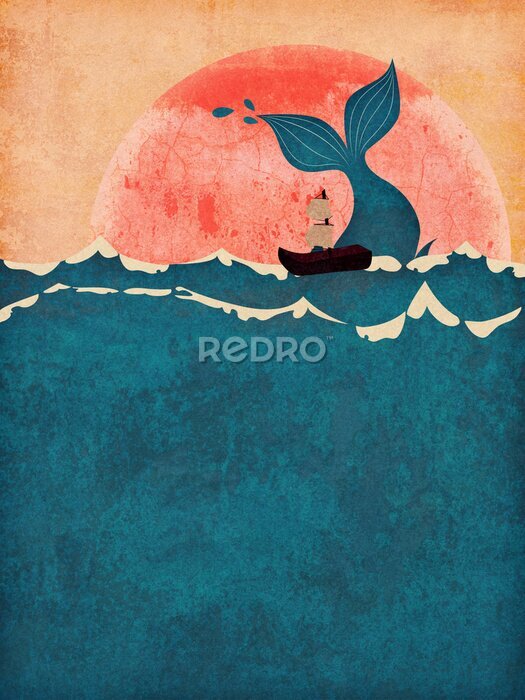 Poster Een schip en een walvis in een sprookjesachtige illustratie.