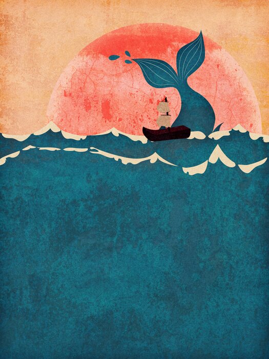 Poster Een schip en een walvis in een sprookjesachtige illustratie.