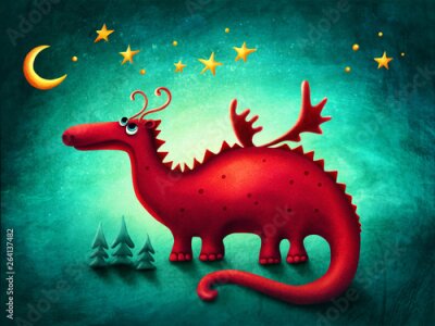 Poster Een sprookjesachtige illustratie met een rode draak.