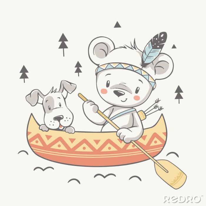 Poster Een teddybeer en een hond in een geeloranje boot
