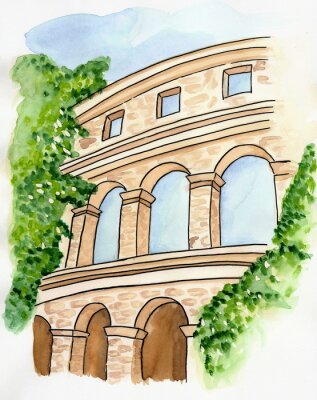 Poster Een tekening van een fragment van het Romeinse Colosseum in een groene omgeving.