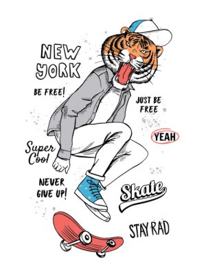 Poster Een tijger op een skateboard