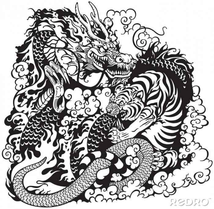 Poster Een tijger vecht tegen een draak