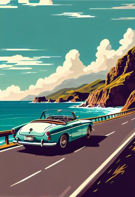 Poster Een turquoise auto op een schilderachtige weg