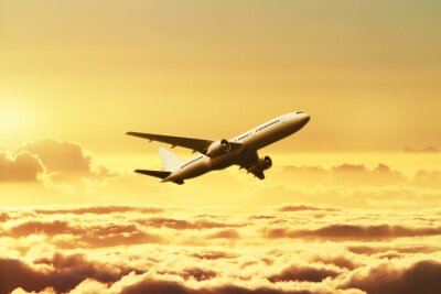 Poster Een vliegtuig in de lucht bij zonsondergang