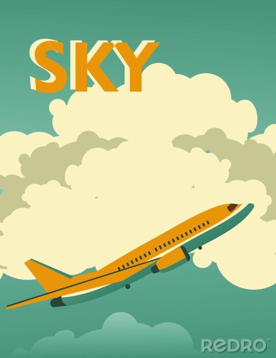 Poster Een vliegtuig tegen de wolken en het woord Sky in een vintage tekenstijl