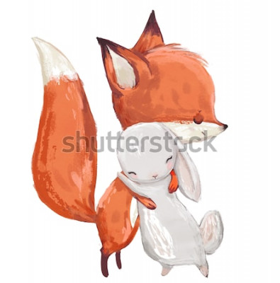 Poster Een vos en een konijn in een vriendelijke omhelzing