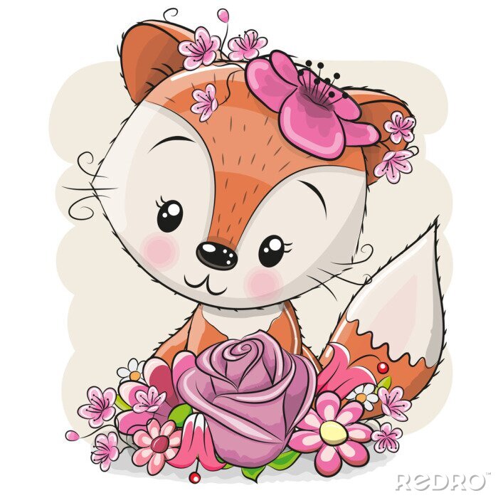 Poster Een vos met roze bloemen op haar hoofd
