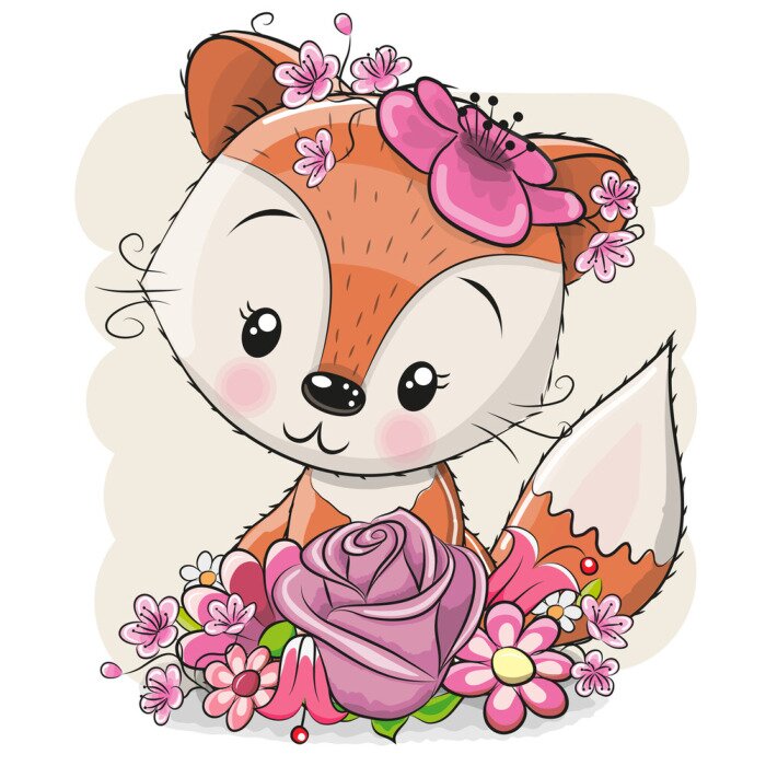 Poster Een vos met roze bloemen op haar hoofd