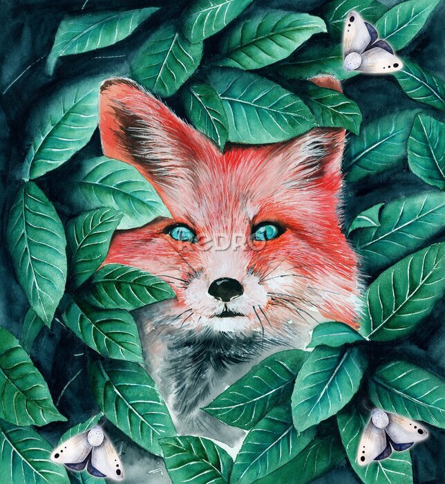 Poster Een vos verstopt tussen de bladeren