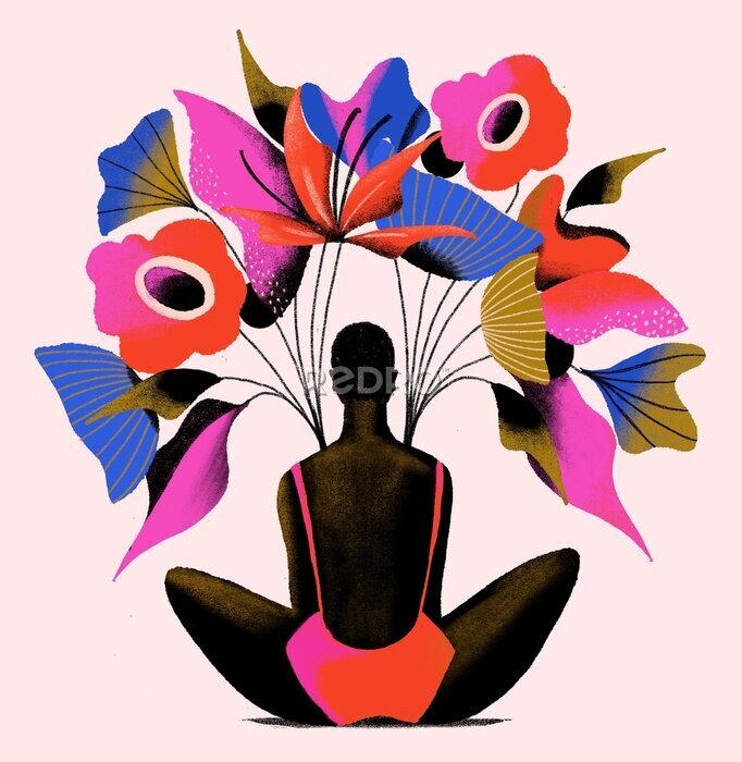Poster Een vrouw die onder grote bloemen zit