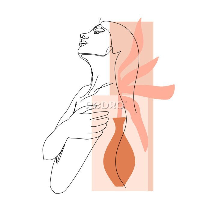 Poster Een vrouwenlichaam getekend in één lijn met abstracte vormen.