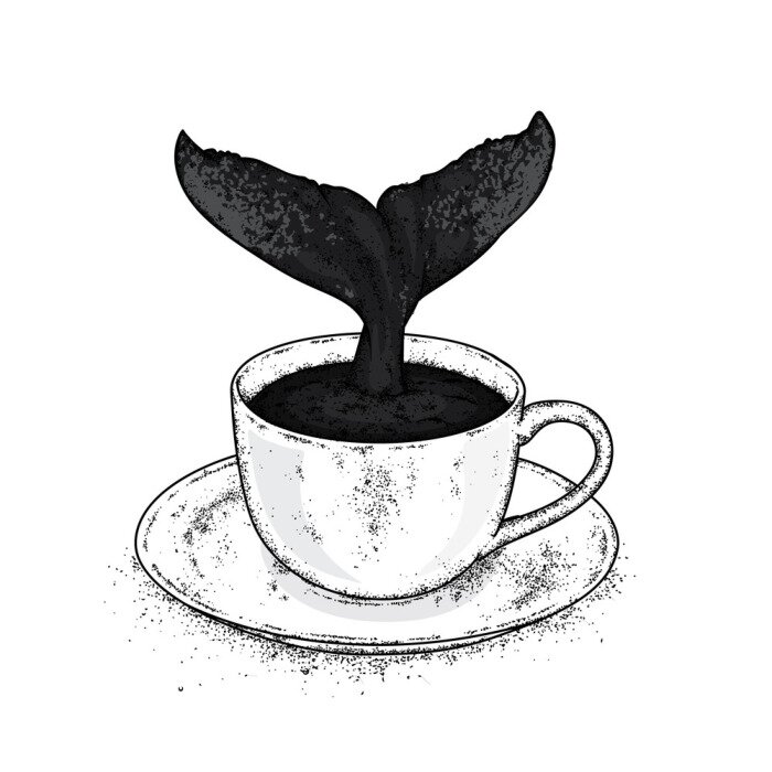 Poster Een walvis die in het water duikt. Vectorillustratie voor een briefkaart of een poster, afdrukken voor kleding. Zee en oceaan. Walvis in de beker.