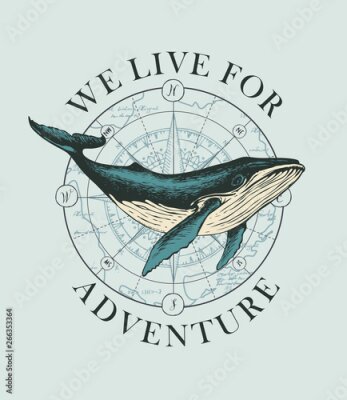 Poster Een walvis tegen de achtergrond van een kompasroos.