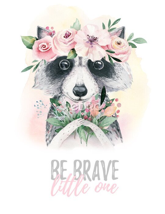 Poster Een wasbeer met een krans op zijn kop en een opschrift.