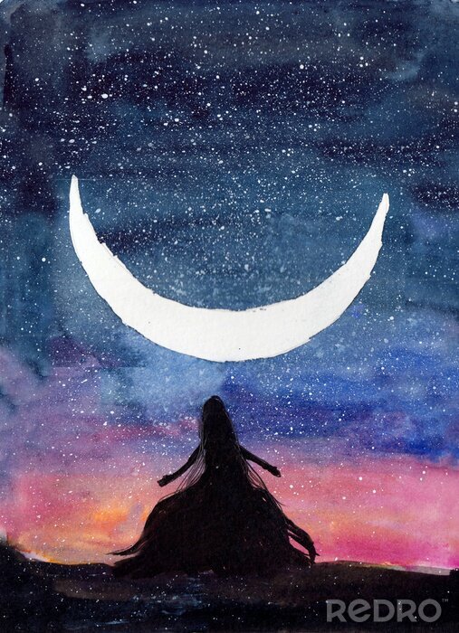 Poster Een witte maan tussen een miljoen sterren en een figuur van een vrouw
