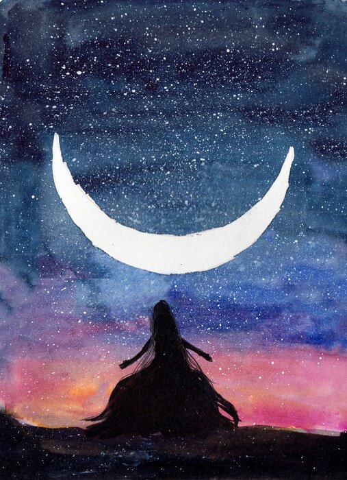 Poster Een witte maan tussen een miljoen sterren en een figuur van een vrouw