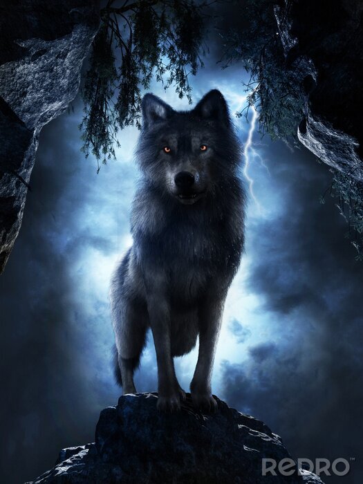 Poster Een wolf in een heldere gloed