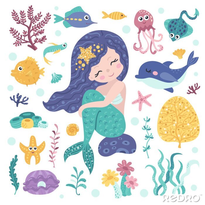 Poster Een zeemeermin op een steen en kleurrijke vissen