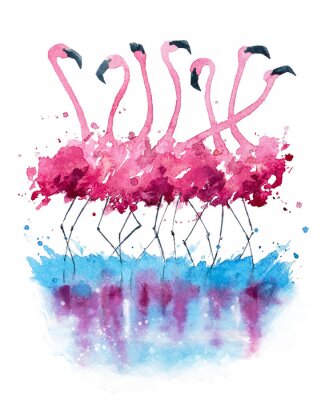 Poster Een zwerm aquarelflamingo's