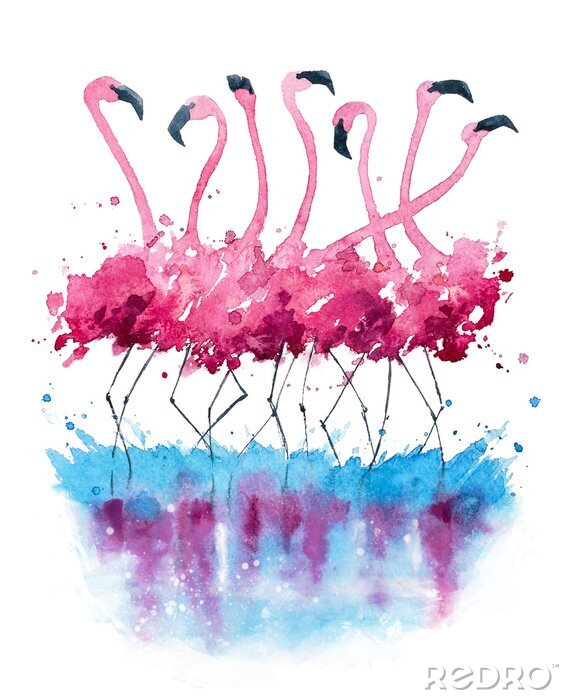 Poster Een zwerm aquarelflamingo's