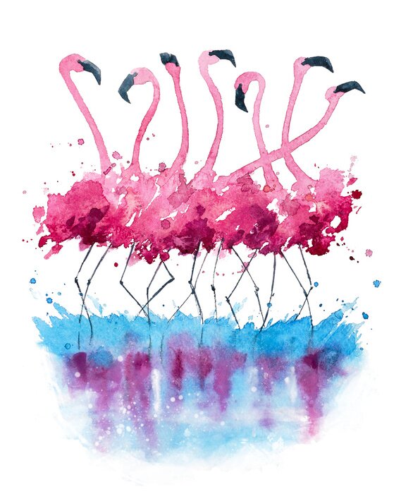 Poster Een zwerm aquarelflamingo's