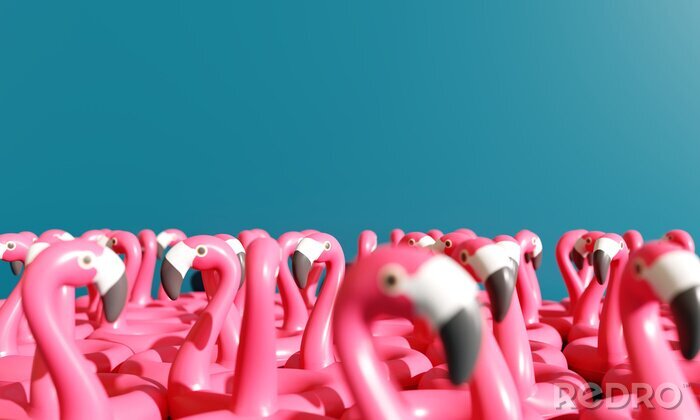 Poster Een zwerm flamingo's op een blauwe achtergrond