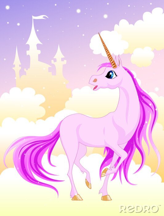 Poster Eenhoorn en een kasteel in de wolken