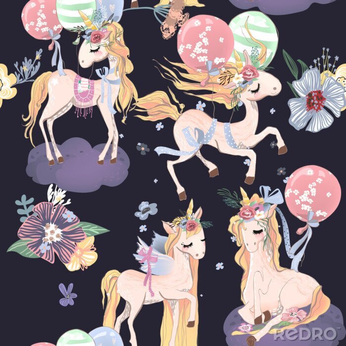 Poster Eenhoorns en kleurrijke ballonnen
