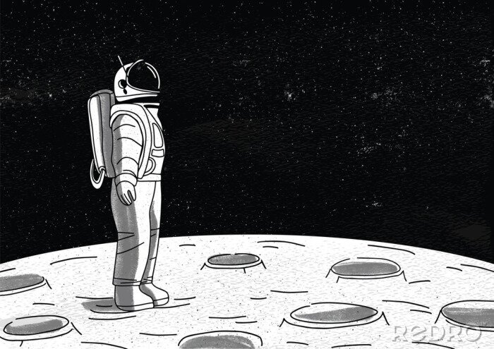 Poster Eenzame astronaut in ruimtepak die zich op het oppervlak van de maan en kijken naar ruimte vol met sterren. Kosmonaut planeet of hemellichaam verkennen tijdens missie. Monochrome hand getrokken vector