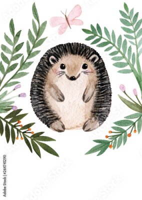 Poster Egel tussen de bladeren (aquarel)