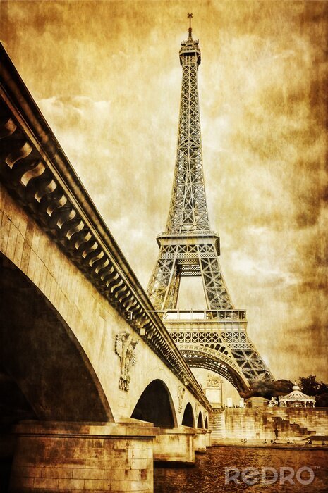 Poster Eiffel toren vintage retro uitzicht vanaf de rivier de Seine, Parijs