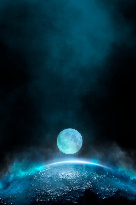 Poster Empty futuristic dramatic scene. Abstract dark landscape, street. Neon light fluid element. Night view, neon blue light. Fantasy background. 3D illustration