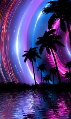 Poster Empty tropical background of night sea beach. Silhouettes of tropical palm trees on a background of bright sunset. 3d illustration