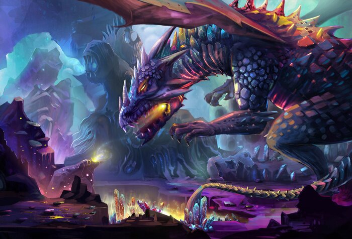 Poster Enge draak met vuur in zijn bek en rotsen