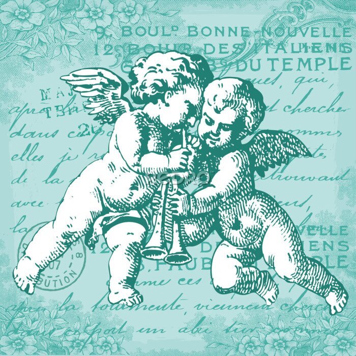 Poster Engelen spelen op trompetten in vintage stijl