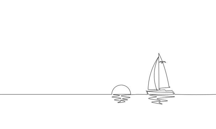 Poster Enige ononderbroken kunstreis van de de kunst zonnige oceaan van de lijn. Van het de vakantie de tropische eiland van de overzeese reiszonsopgang van het het schipjacht van de het reiszonsondergang va